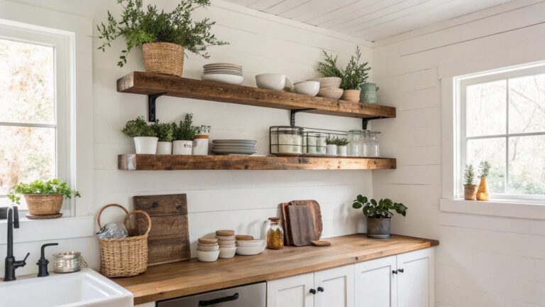 Reclaimed Wood Floating Shelves for Small Kitchen